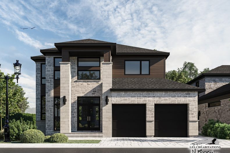 Rendu d’une maison à toit plat, pierre pâle et bois, garage double à portes noires