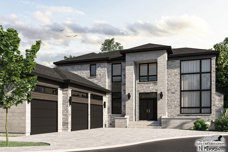Rendu d’une maison de pierre pâle avec entrée noire et deux garages, Domaine des Cygnes