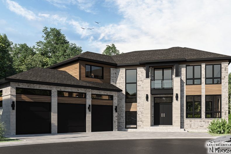 Rendu d’une maison à toit en pente douce, pierre pâle et bois, deux garages