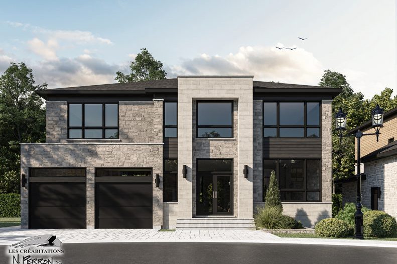 Rendu d’une maison cubique de pierre pâle, garage double, jeunes arbres