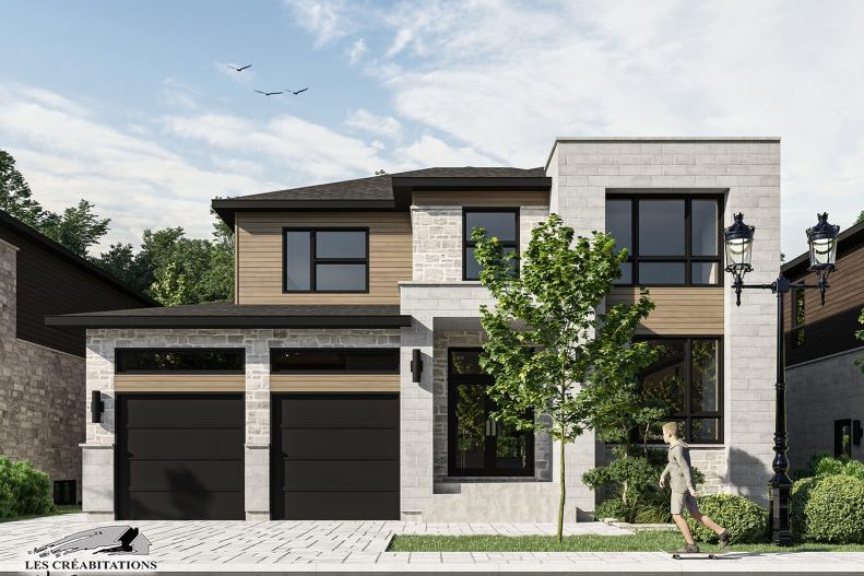 Rendu d’une maison à volumes de bois et de pierre, garage double, ciel bleu