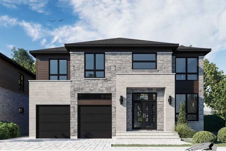 Rendu d’une maison de pierre pâle à toit à quatre versants, garage simple