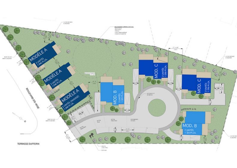 Plan d’implantation du projet : les lots des duplex et des jumelées autour de la rue en boucle