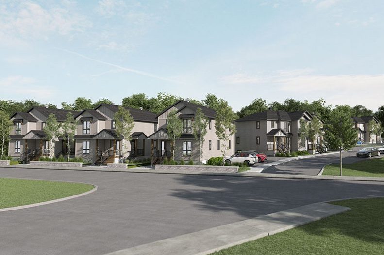 Rendu de la rue du Faubourg Sainte-Rose : maisons jumelées à pignons, entrées de garage, pelouses