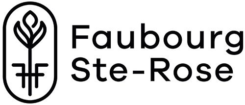 Enseigne du Faubourg Ste-Rose : une rose stylisée dans un médaillon, le nom en lettres noires