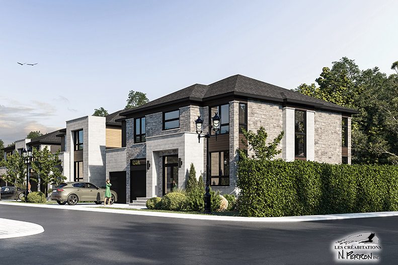 Rendu d’une maison du Domaine des Cygnes : pierre pâle, toit plat, garage double, arbres autour
