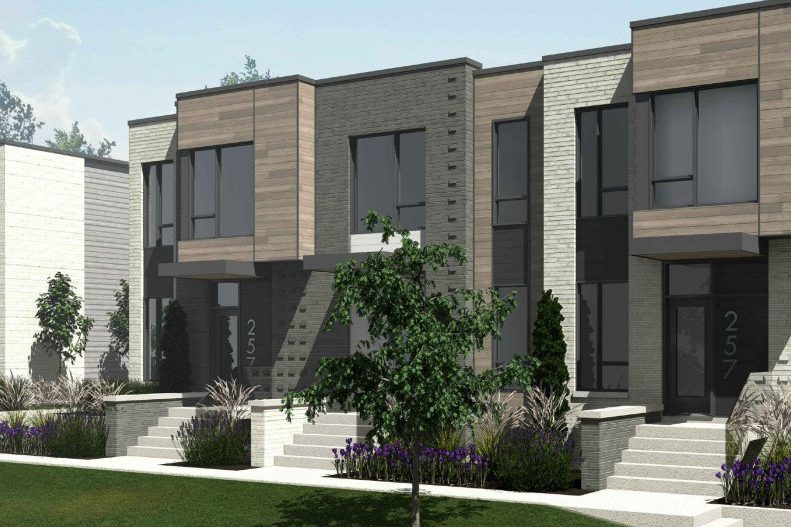Rendu des maisons de ville Riv’B : pierre pâle, bois et panneaux gris, escaliers vers les entrées